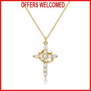 14K Gold Plated Crown Cross Pendant Necklace, 18+2 Inch Chain